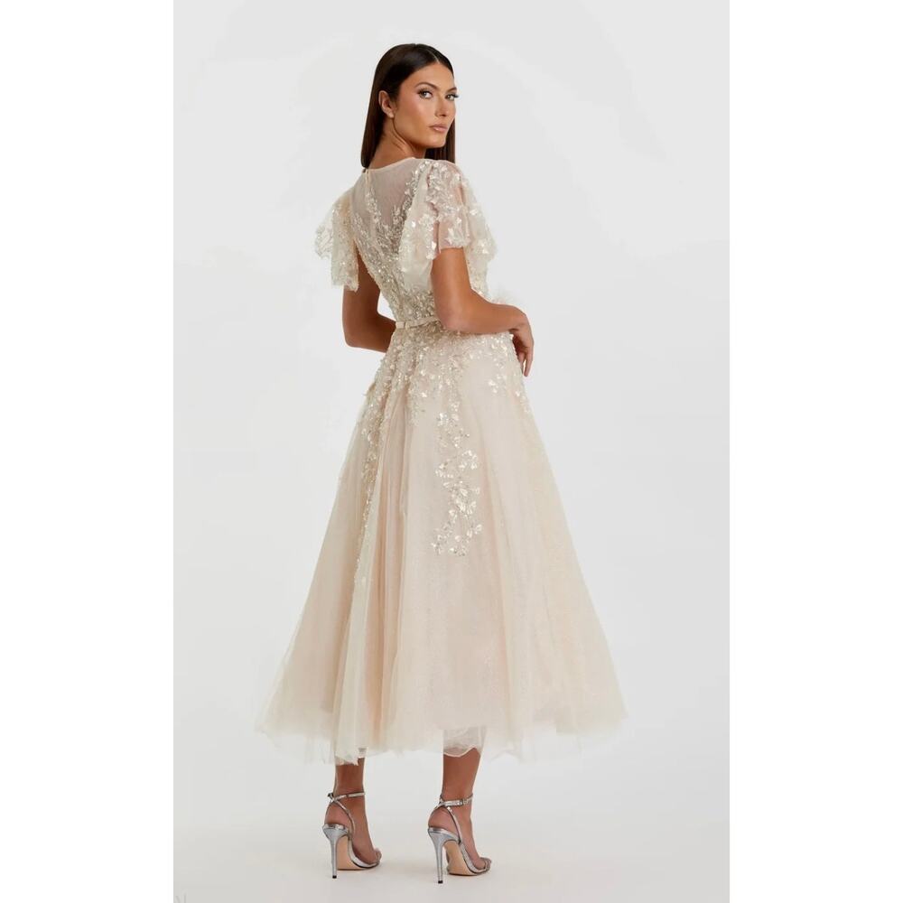 Mac Duggal 20362 Beige Embellished Flutter Sleeve Bow Waist A-Line Gown size 6 - Picture 2 of 14